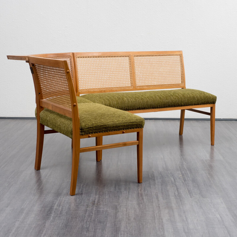 Corner bench in cherrywood with bast backrest - 1950s