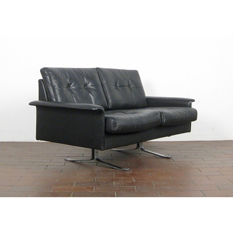 Mid-century Black leather and chrome sofa - 1950s