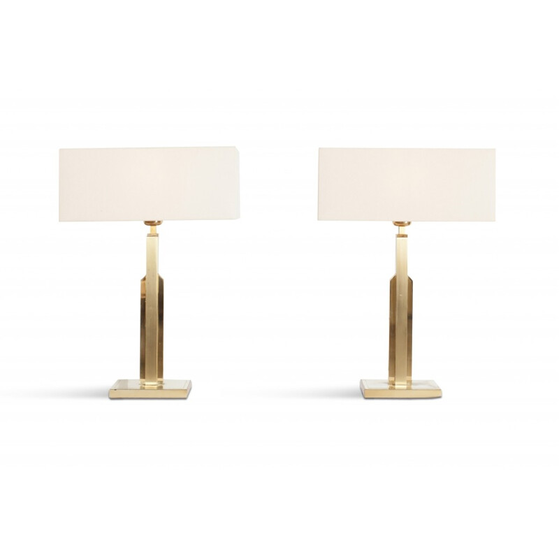 Brass Lamps With White Linen Shades for Maison Jansen - 1970s