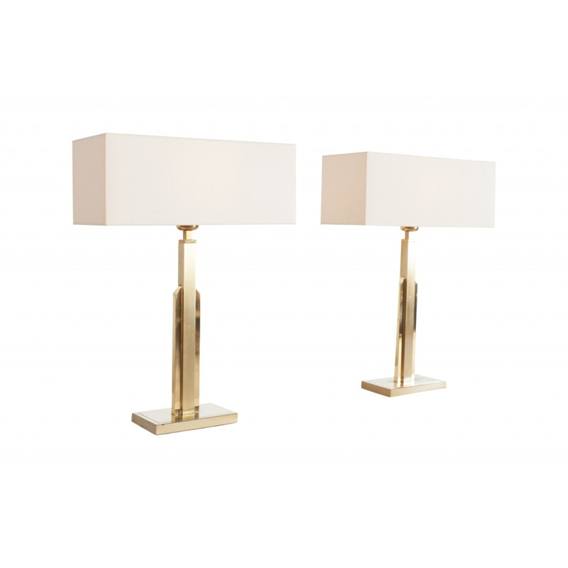 Brass Lamps With White Linen Shades for Maison Jansen - 1970s