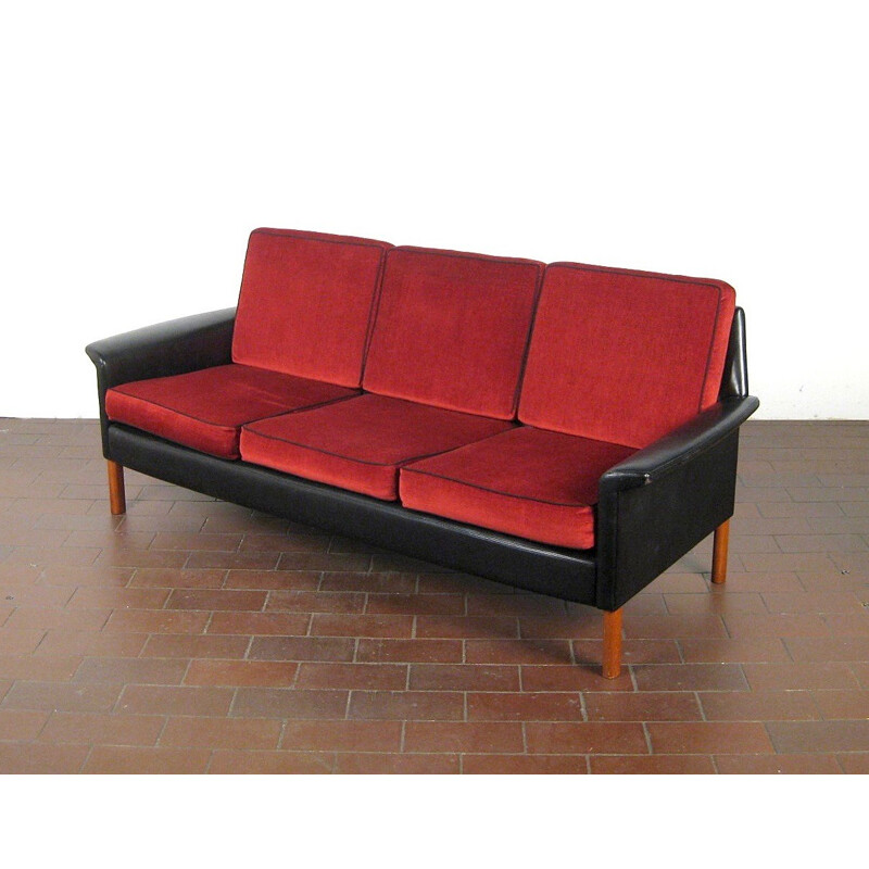 Scandinavian design 3-seater leather and velvet sofa - 1950s