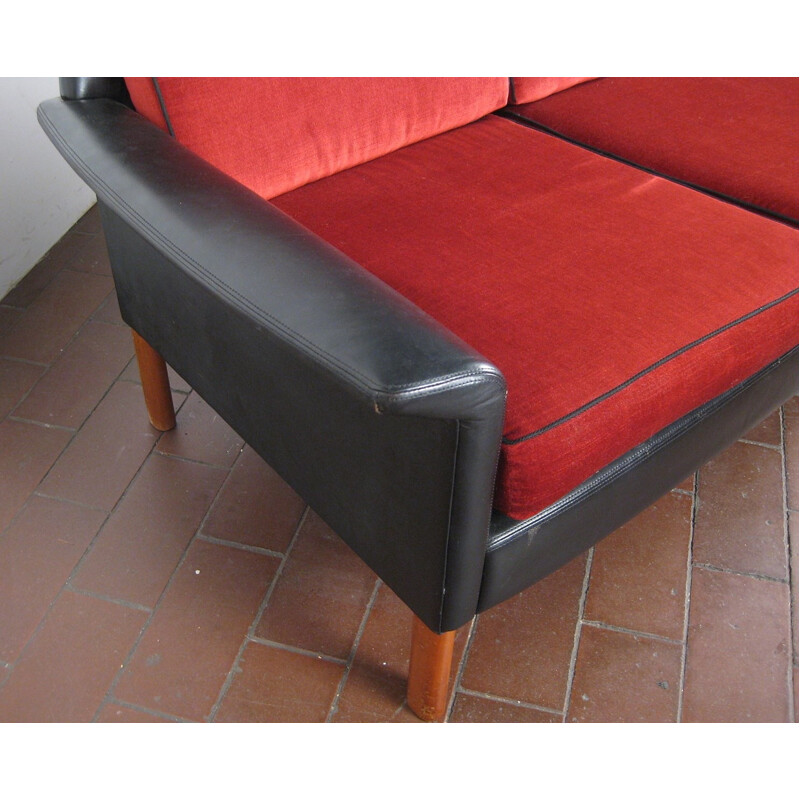 Scandinavian design 3-seater leather and velvet sofa - 1950s
