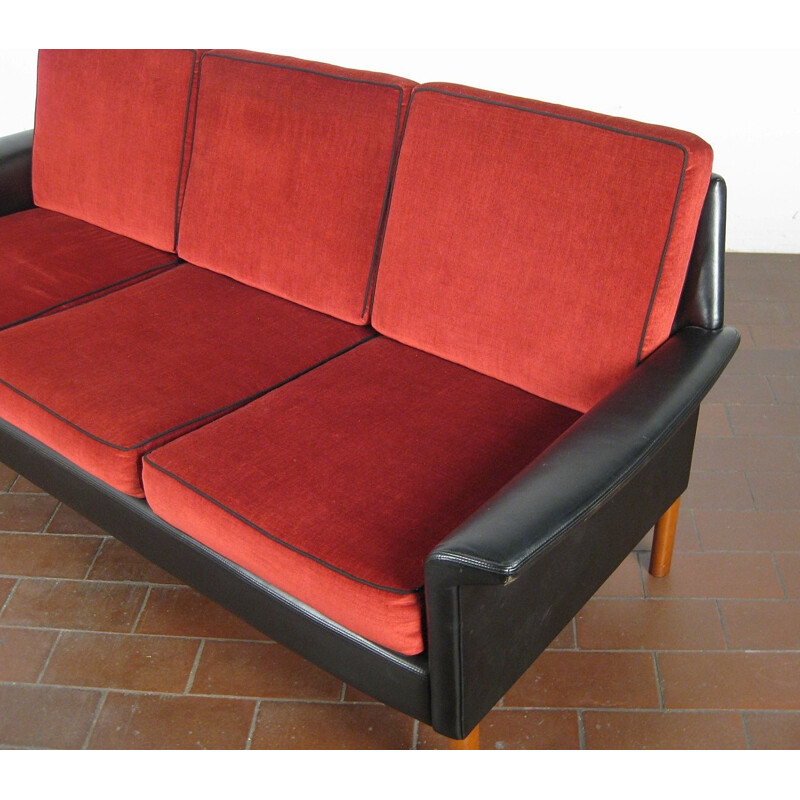 Scandinavian design 3-seater leather and velvet sofa - 1950s