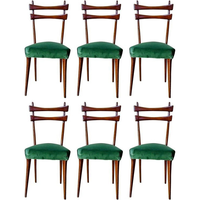 Suite de 6 chaises à repas vintage en velours - 1950