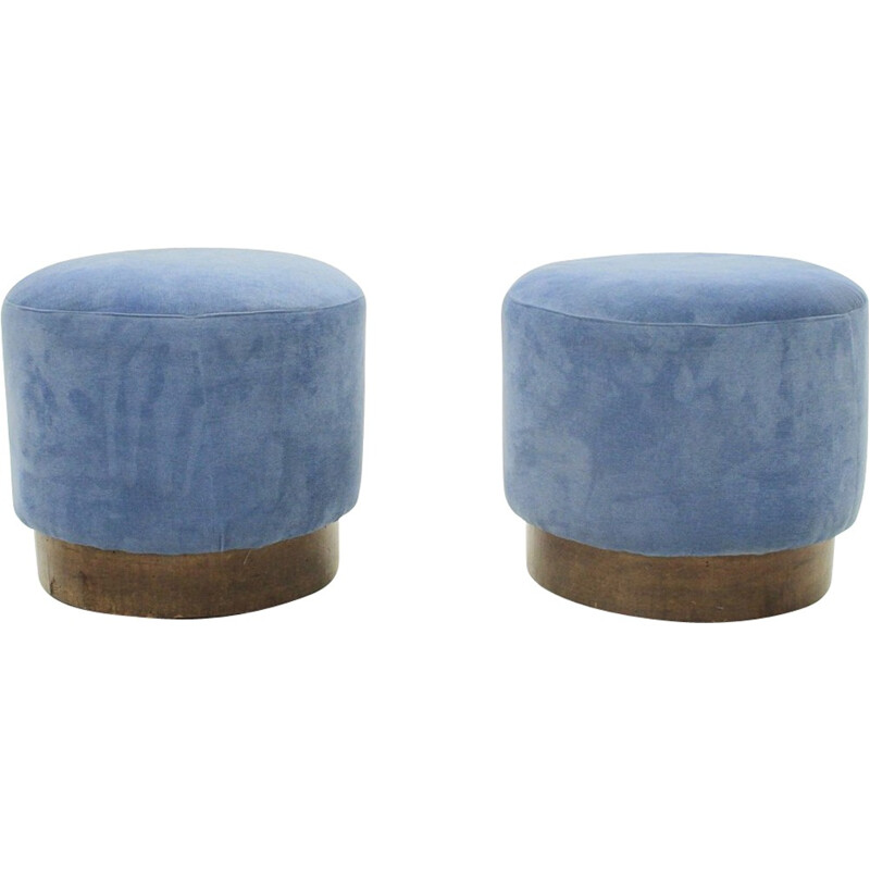 Set of 2 blue velvet ottomans - 1940s