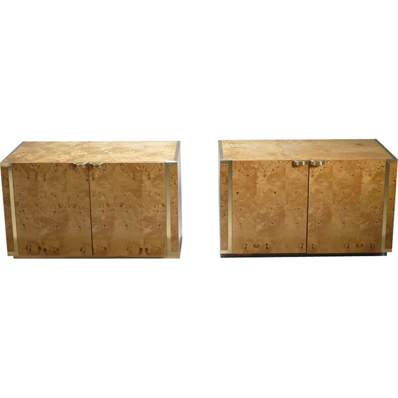 Paire de petits cabinets en bois loupe et laiton par JC Mahey pour Roche Bobois - 1970
