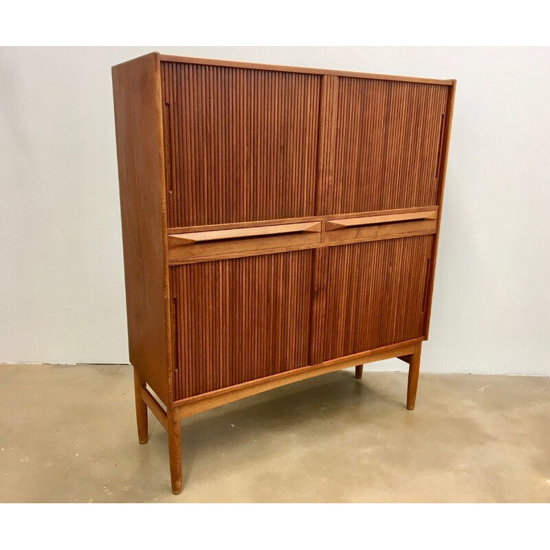 Vintage modern teak cabinet with tambour doors by Ib Kofod Larsen for Federicia Stolefabrik - 1950s