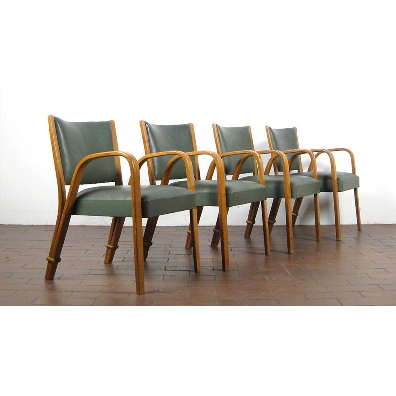 Suite of 4 green armchairs model "Bow Wood" by Hugues Steiner - 1950s