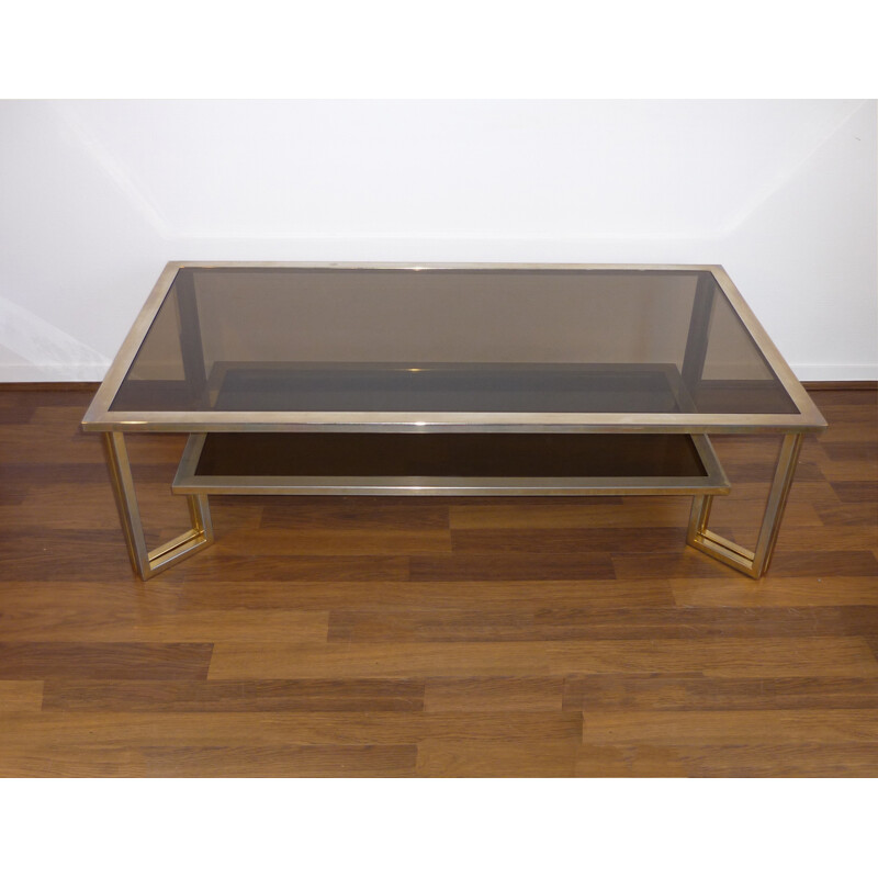 Coffee table with double tray smoked glasses and golden brass - 1970s