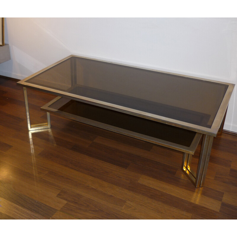 Coffee table with double tray smoked glasses and golden brass - 1970s