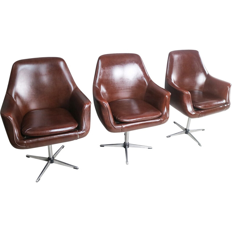 Suite de 3 fauteuils vintage en vynil marron - 1960