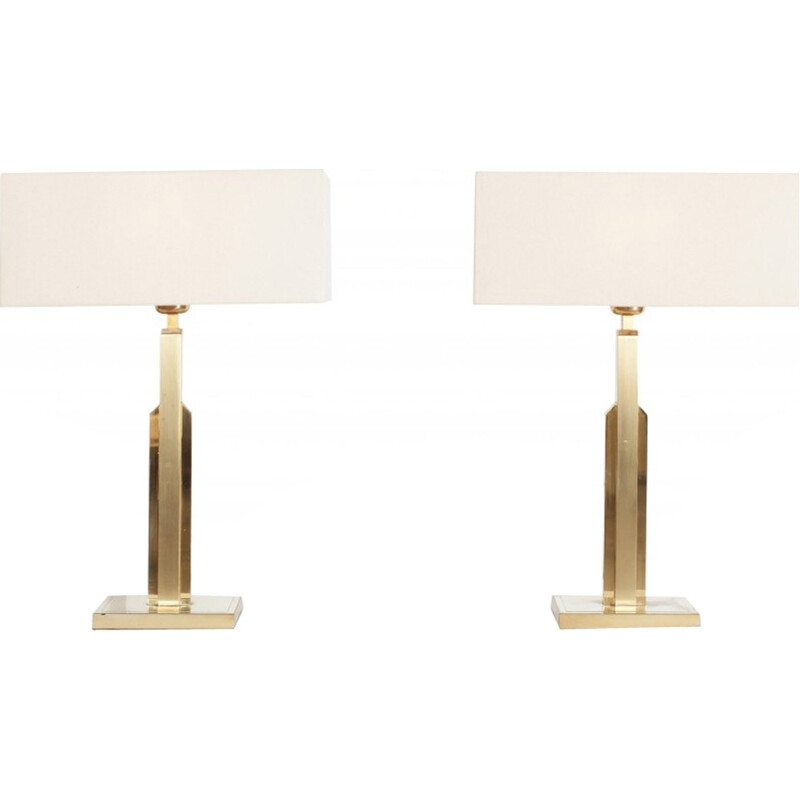 Brass Lamps With White Linen Shades for Maison Jansen - 1970s