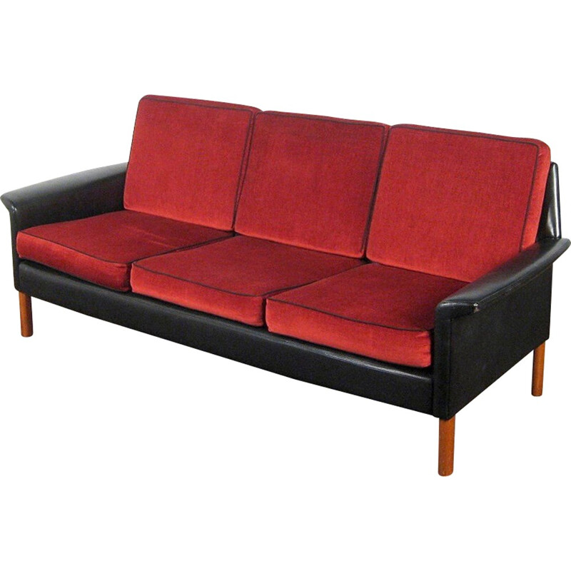 Scandinavian design 3-seater leather and velvet sofa - 1950s