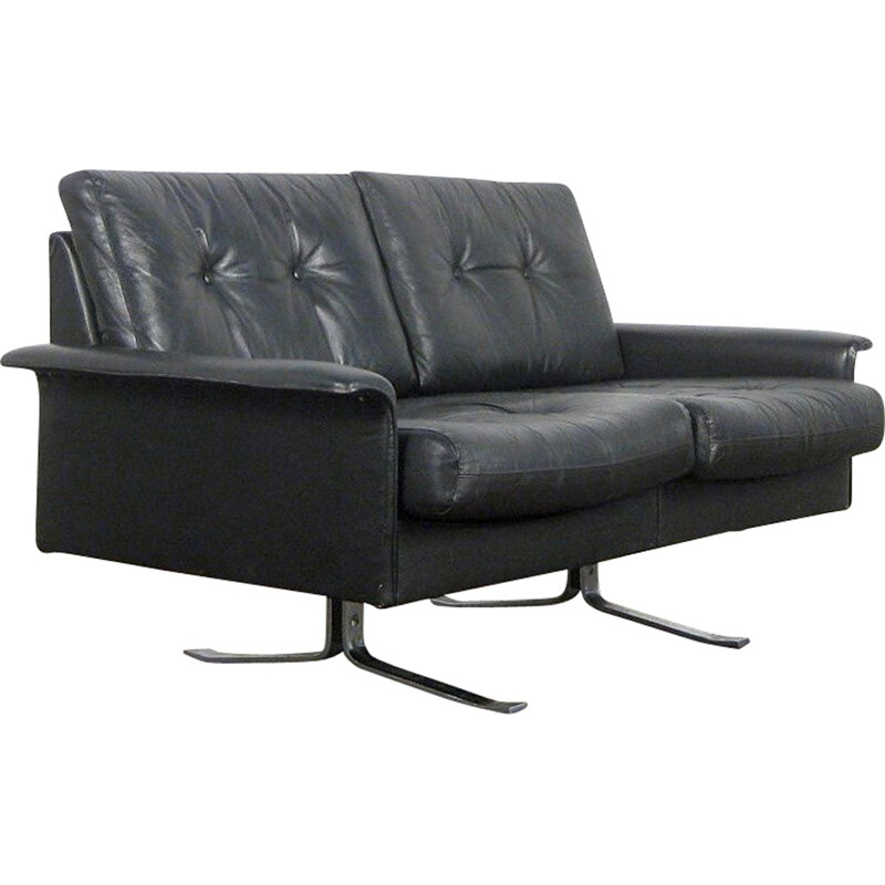 Mid-century Black leather and chrome sofa - 1950s