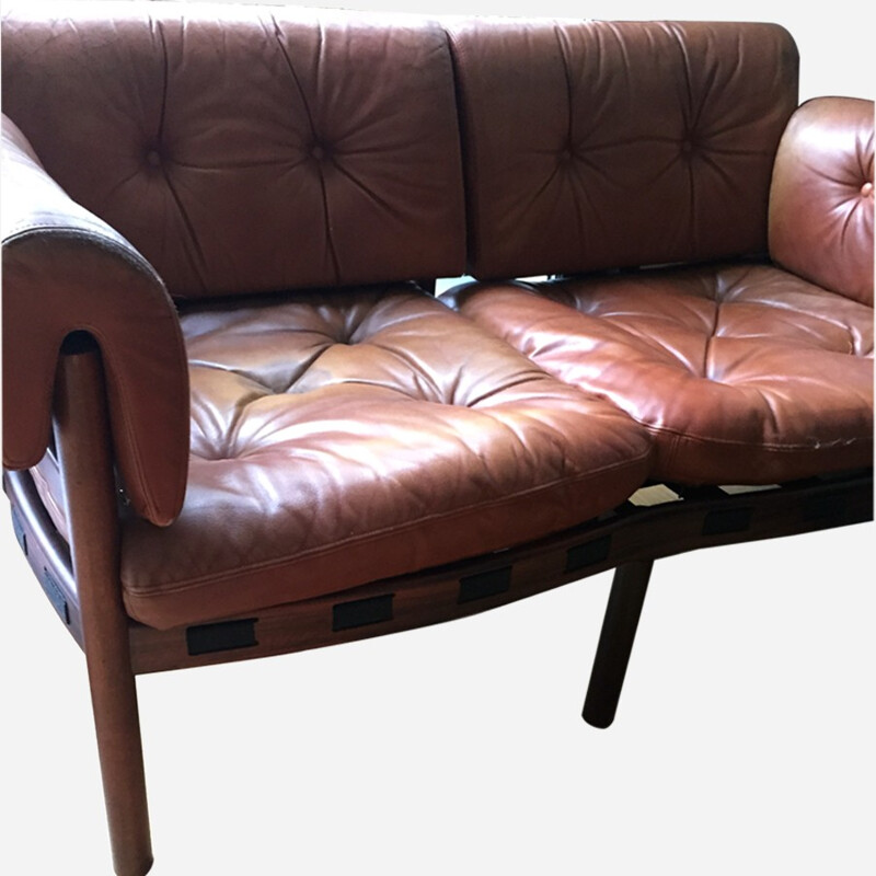 Danish 2 seats sofa in rosewood and leather, Arne NORELL - 1960s