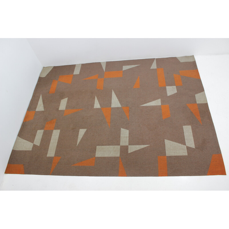 Brown and orange vintage geometric rug, Czechoslovakia 1970