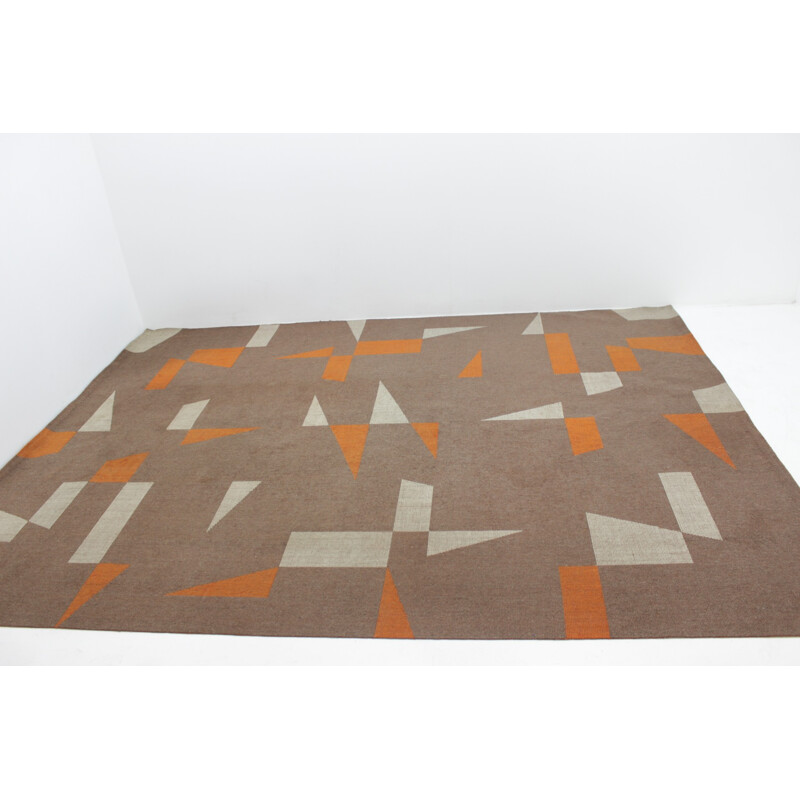 Brown and orange vintage geometric rug, Czechoslovakia 1970