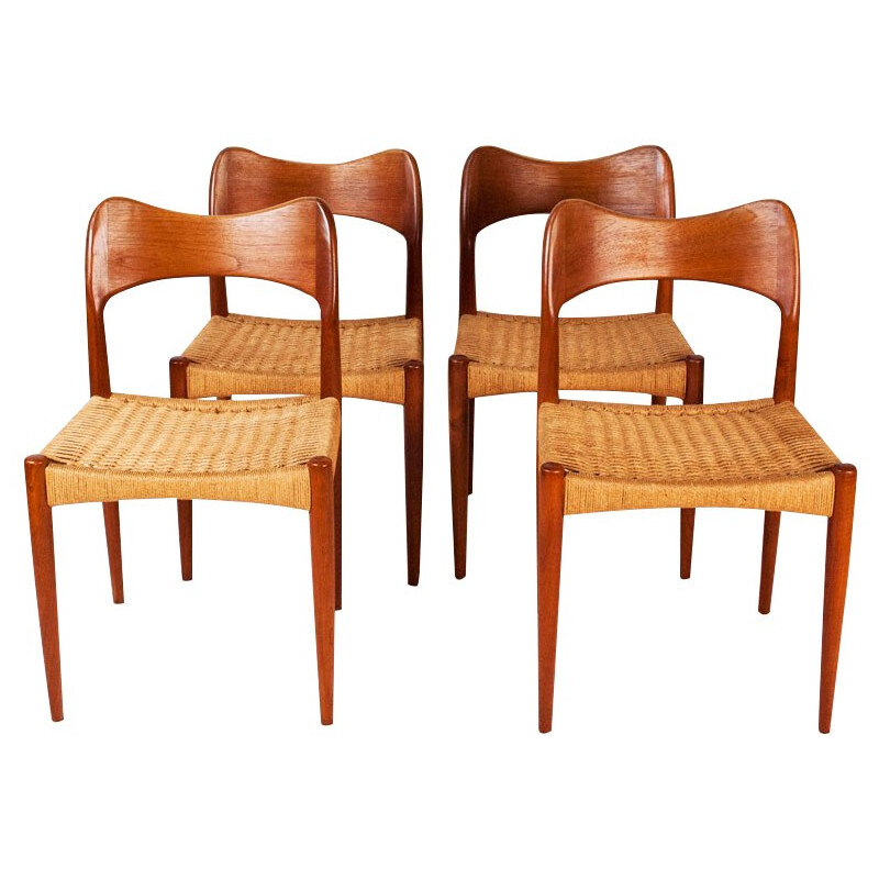 Set of 4 scandinavian chairs in teak and rope by Arne Hovmand OLSEN 1960s