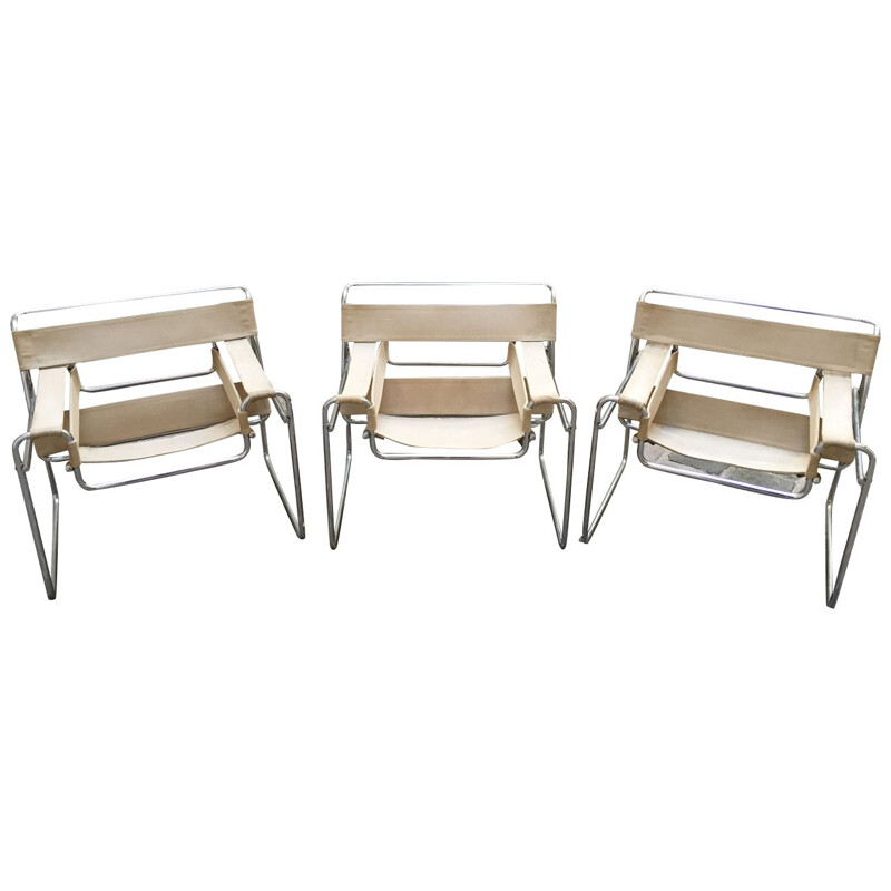 Set of 3 armchairs "Wassily" in chrome and beige fabric, Marcel BREUER - 1970s