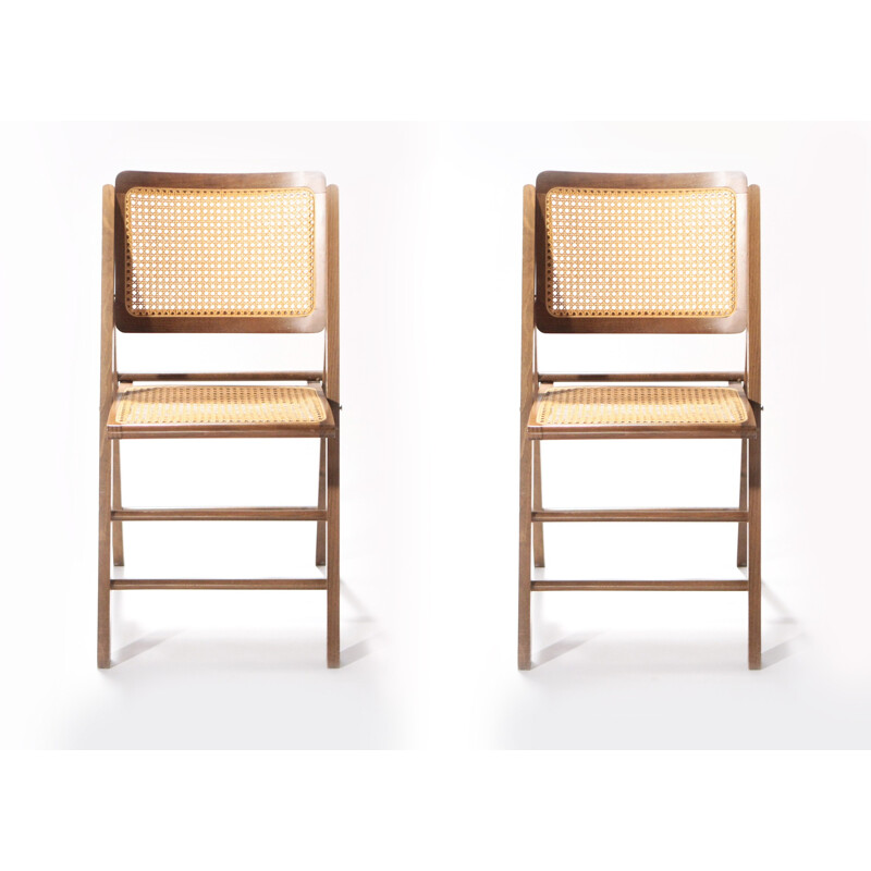 Pair of vintage caned folding chairs in wood - 1950s