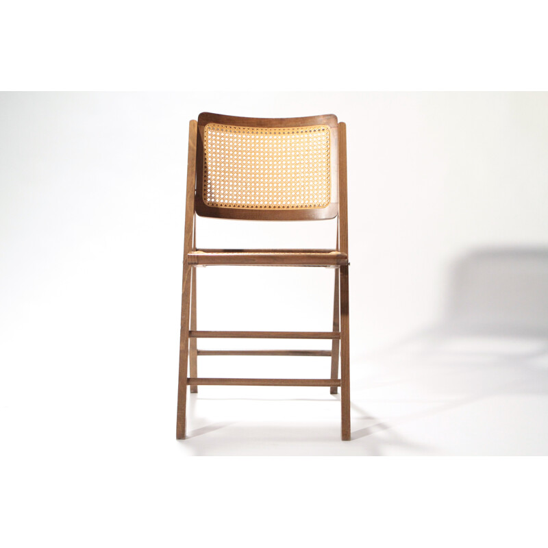 Pair of vintage caned folding chairs in wood - 1950s