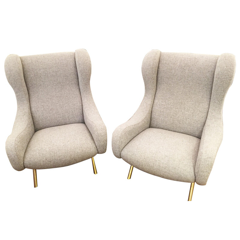 Paire de fauteuils "Senior" en laiton et tissu Kvadrat gris, Marco ZANUSO - années 50