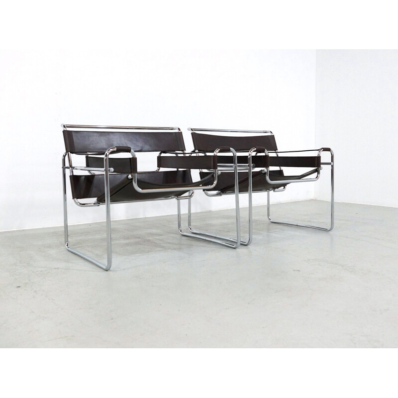 Pair of Deep Brown Leather Wassily Chairs by Marcel Breuer for Gavina - 1970s