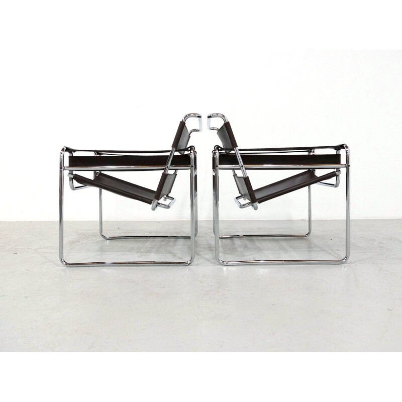 Pair of Deep Brown Leather Wassily Chairs by Marcel Breuer for Gavina - 1970s