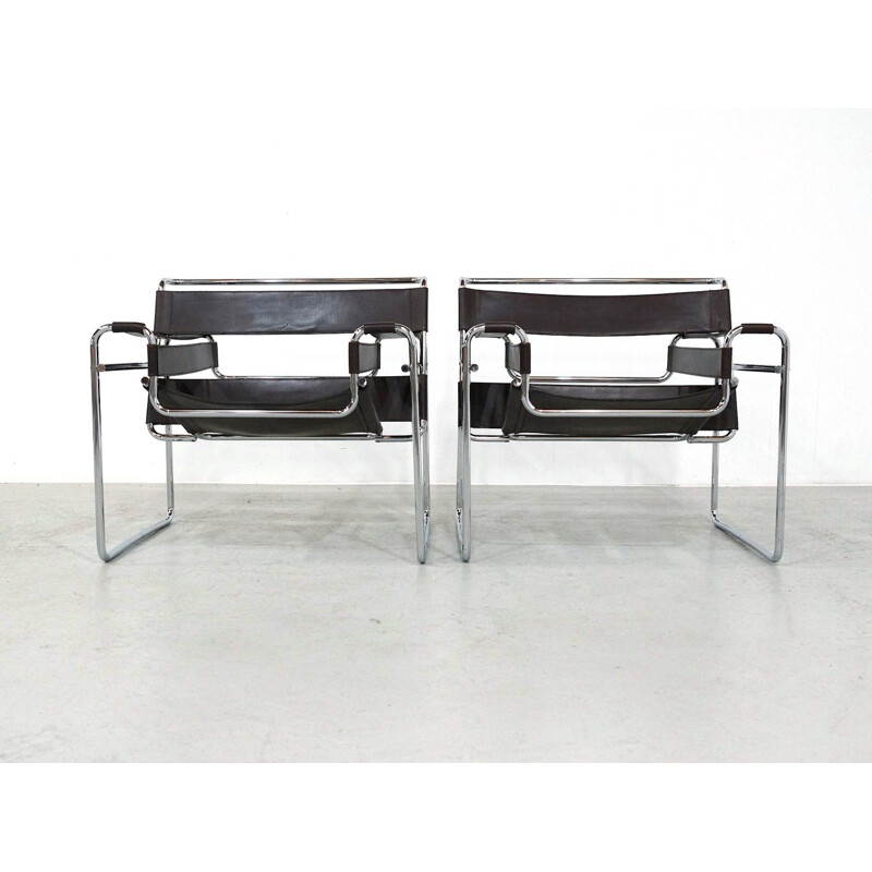 Pair of Deep Brown Leather Wassily Chairs by Marcel Breuer for Gavina - 1970s