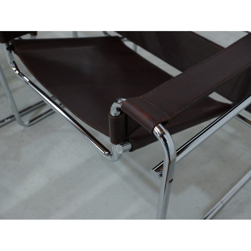 Pair of Deep Brown Leather Wassily Chairs by Marcel Breuer for Gavina - 1970s