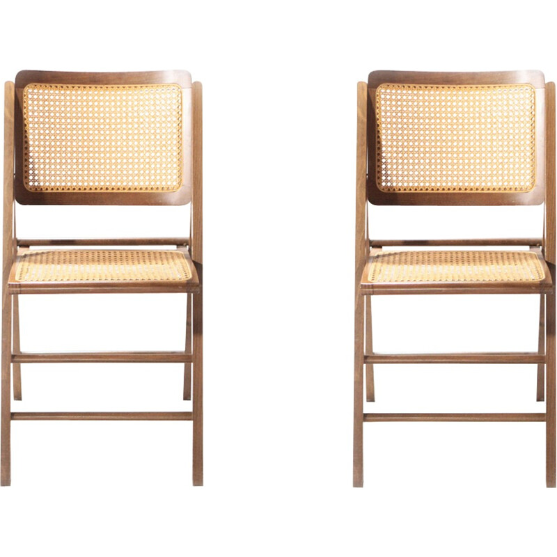 Pair of vintage caned folding chairs in wood - 1950s