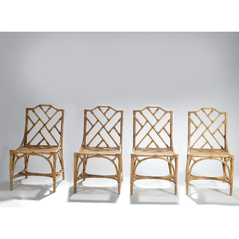 Set of 4 vintage bamboo canes chairs - 1970s
