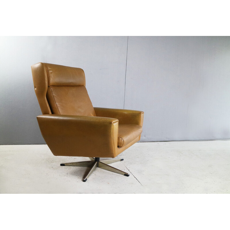 Danish vintage swivel leather armchair - 1970s