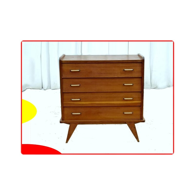 Commode vintage en bois clair avec pieds en compas - 1960