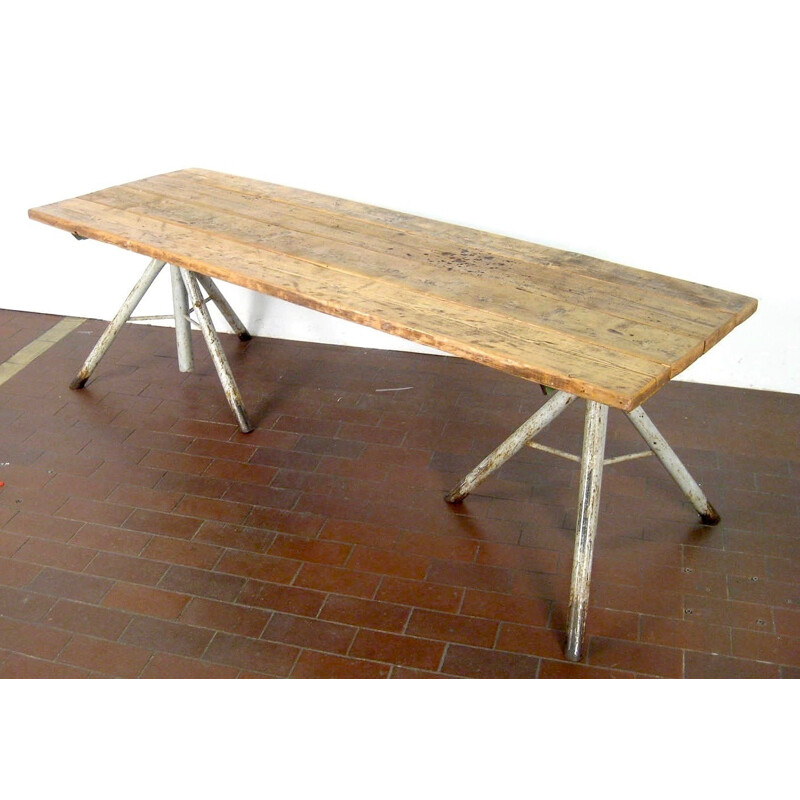 Grande table vintage de métier en chêne et métal - 1950