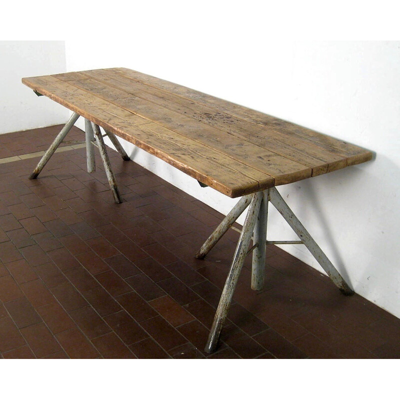 Grande table vintage de métier en chêne et métal - 1950