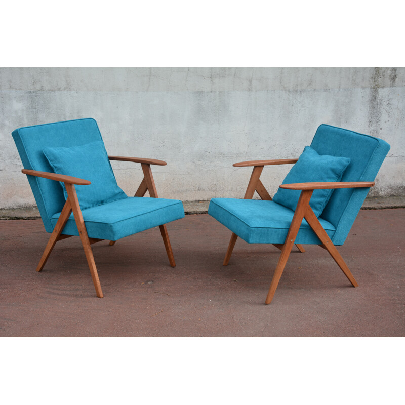 Pair of soviet armchairs in blue turquoise fabric and teak - 1960s