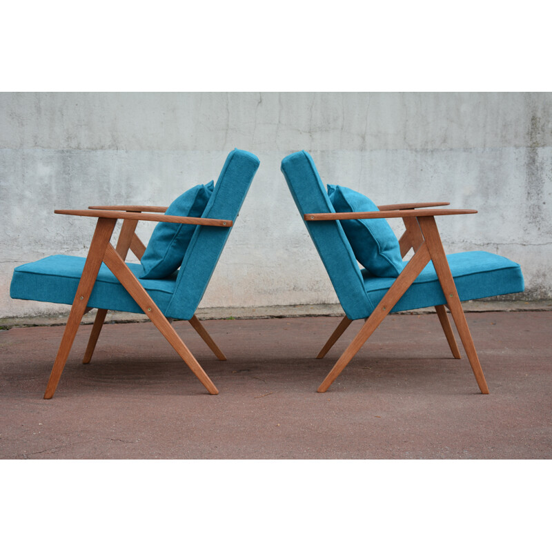 Pair of soviet armchairs in blue turquoise fabric and teak - 1960s