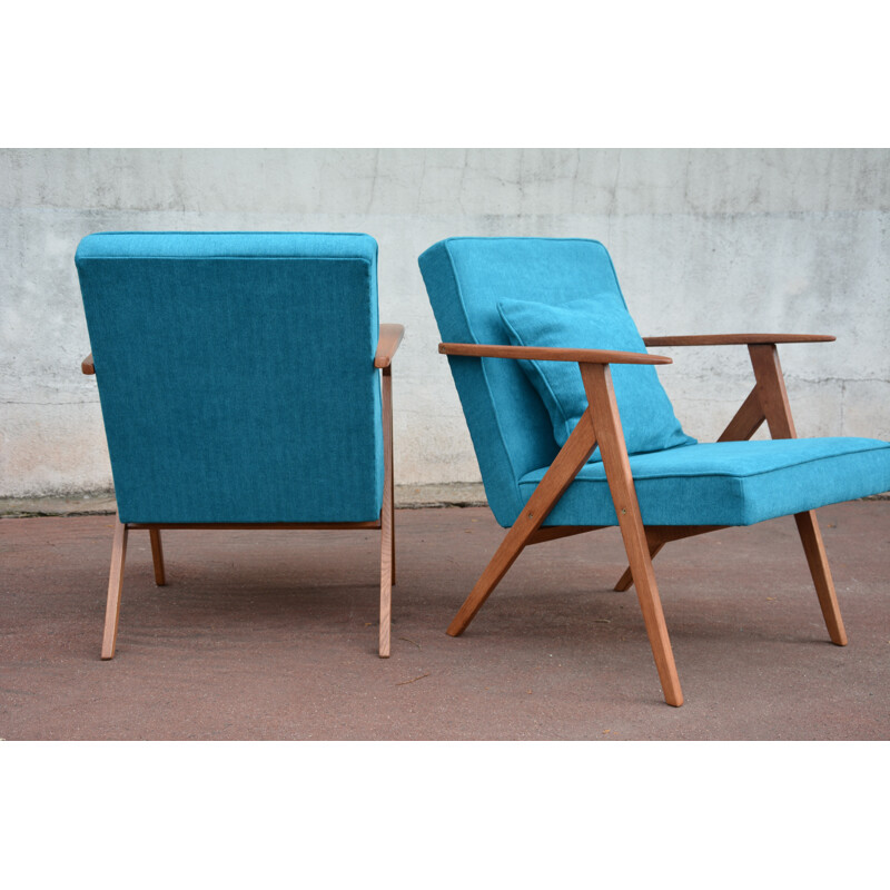 Pair of soviet armchairs in blue turquoise fabric and teak - 1960s
