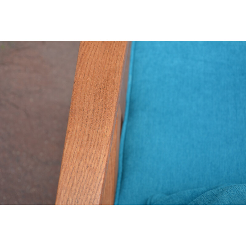 Pair of soviet armchairs in blue turquoise fabric and teak - 1960s