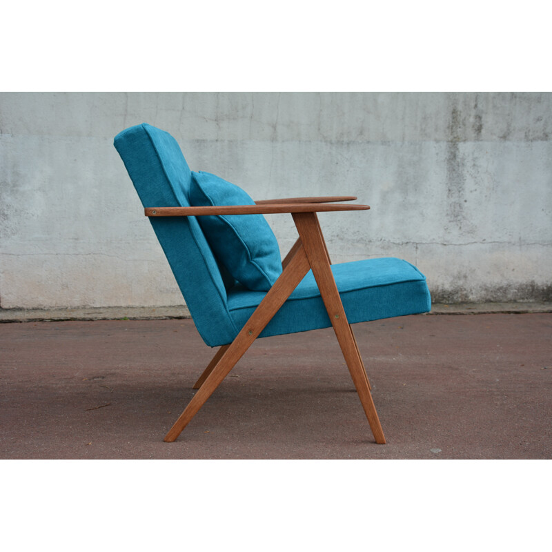 Pair of soviet armchairs in blue turquoise fabric and teak - 1960s