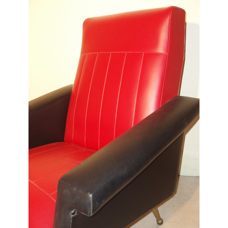 Pair of vintage armchairs in black and red leatherette - 1970s
