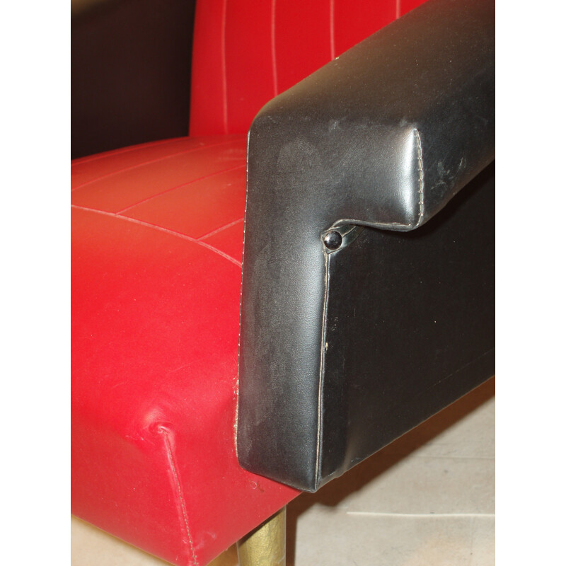 Paire de fauteuils Vintage en skaï noir et rouge - 1970