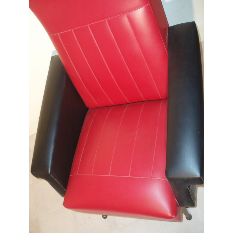 Paire de fauteuils Vintage en skaï noir et rouge - 1970