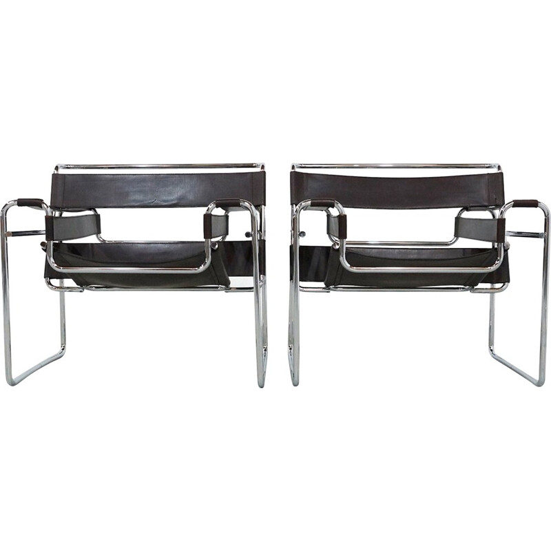 Pair of Deep Brown Leather Wassily Chairs by Marcel Breuer for Gavina - 1970s