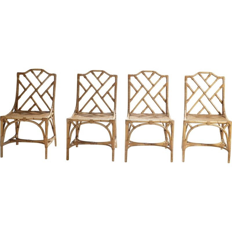Set of 4 vintage bamboo canes chairs - 1970s