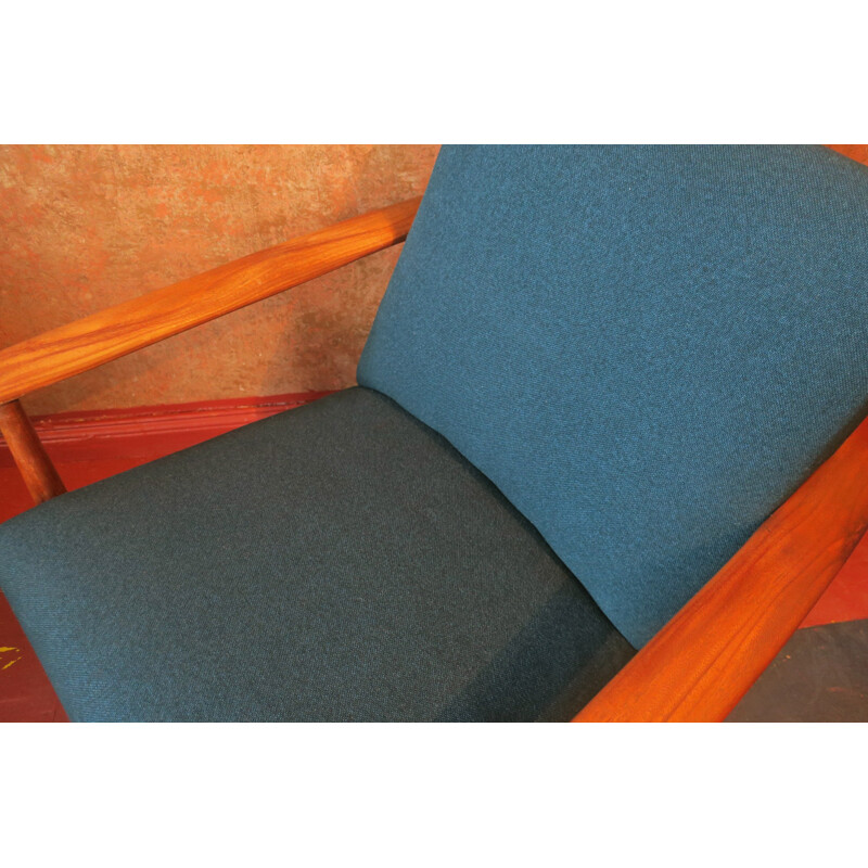 Scandinavian blue armchair in wood - 1960s