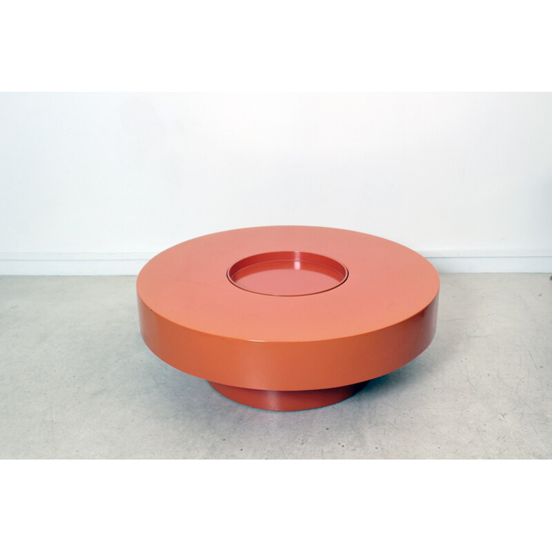Vintage round table in orange lacquered wood - 1970s