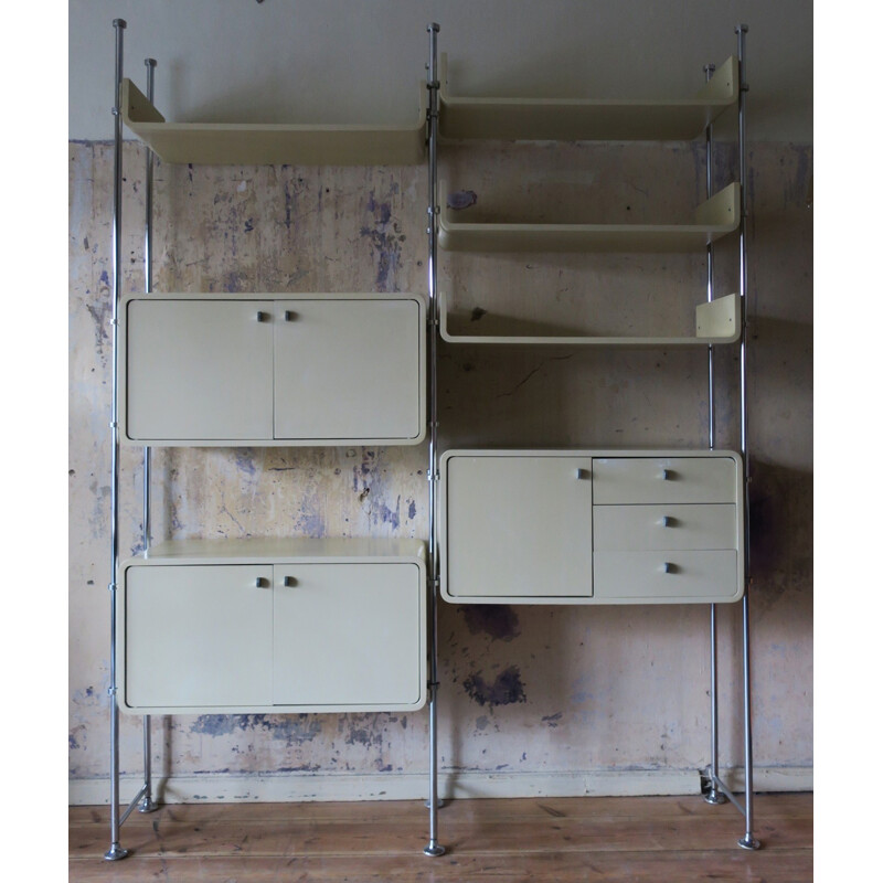 Système d'étagère modulaire autoportant ou séparateur de pièce vintage en bois et acier - 1970