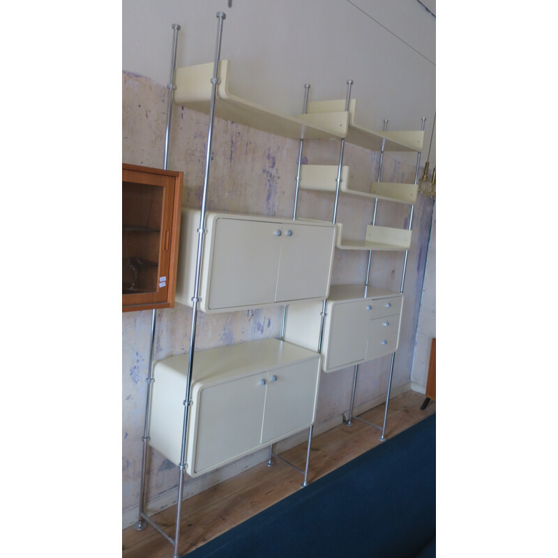 Vintage modular shelf system or room divider in white wood and steel - 1970s